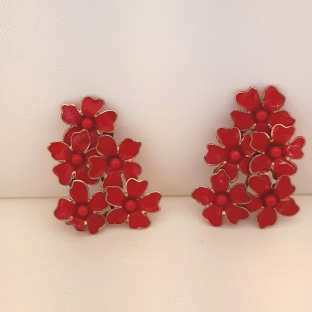 Pair of Vintage Coro Red & Gold Floral Clip On Earrings
